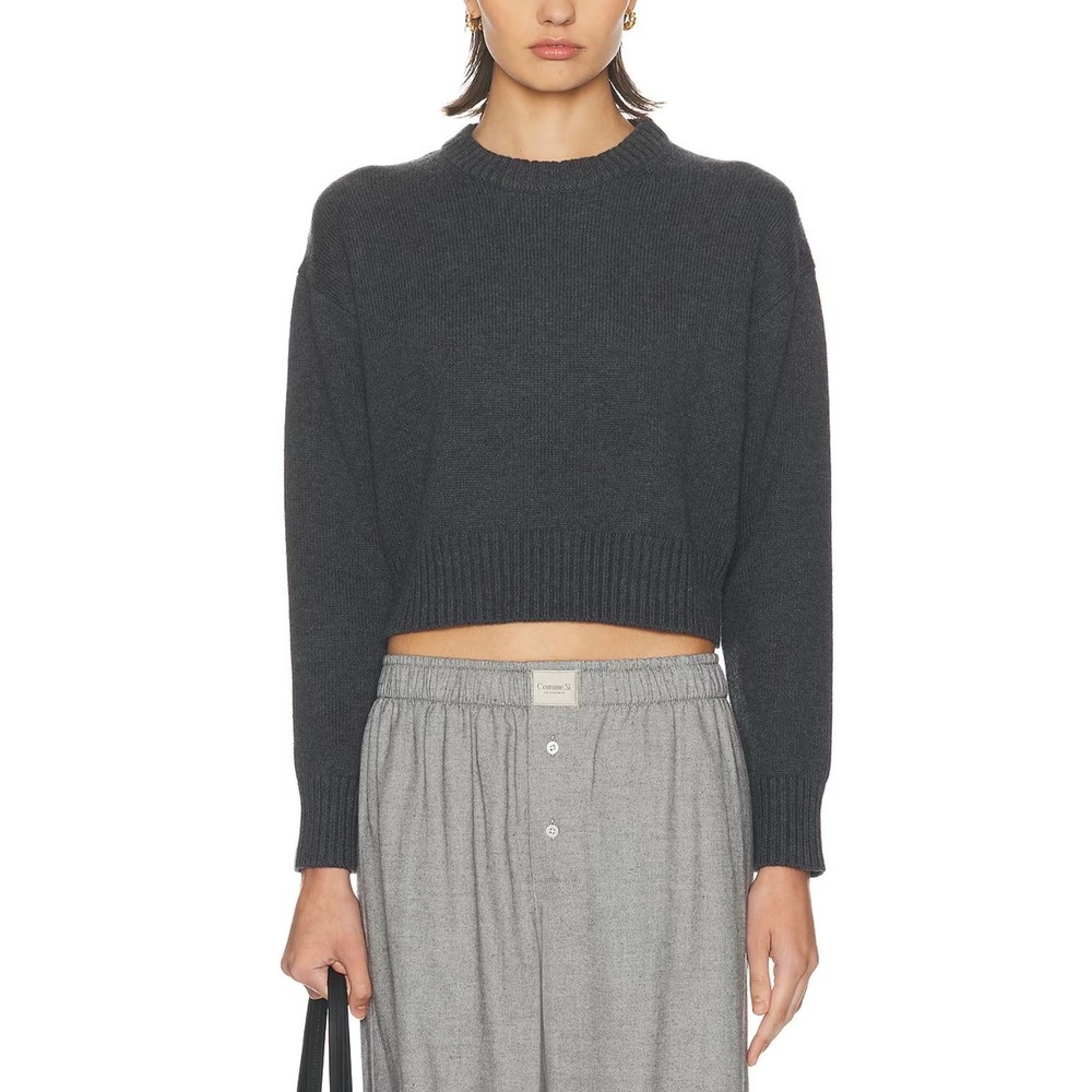 ENZA COSTA Chunky Cotton Cashmere Sweater Women Medium Charcoal Gray Cropped NEW